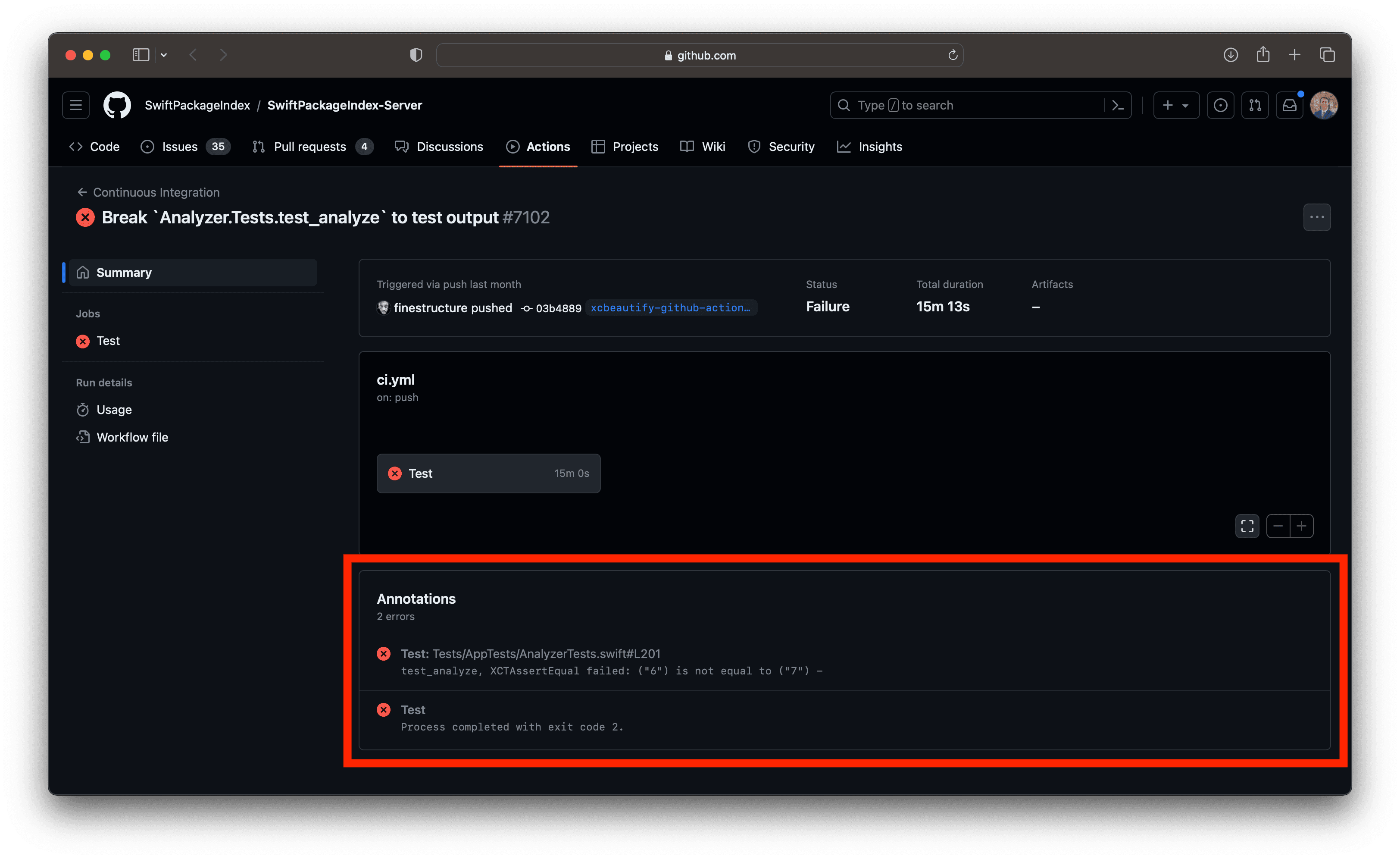 An image that shows a GitHub Actions run summary with xcbeautify comments.
